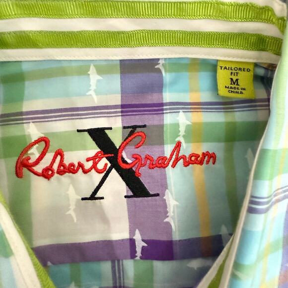 Robert Graham Button Front Short Sleeve Shirt ECUADOR Shark Print Purple Green M - Picture 4 of 10